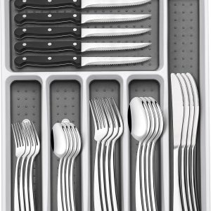 49-Piece Silverware Set with Organizer, Heavy Duty Stainless Steel Flatware for 8, Cutlery Utensil Sets with Steak Knives, Rust-proof, Mirror Polished, Dishwasher Safe