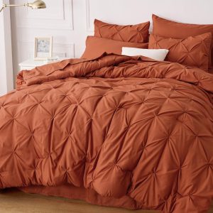 Bedsure Bed in a Bag Queen 7 Pieces - Queen Size Comforter Set, Pintuck Bedding Sets Burnt Orange Bed Set with Comforter, Sheets, Pillowcases & Shams