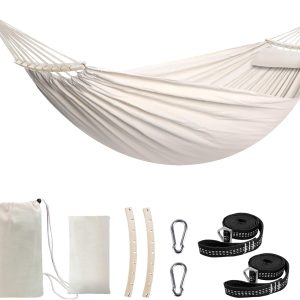Chihee Cotton Hammock Large Soft Breathable Camping Hammock Holds Up to 660lbs Portable Tree Hammock with Detachable Spreader Bar Pillow 2 Strong Webbings 2 Carabiners Patio Garden Indoor Outdoor